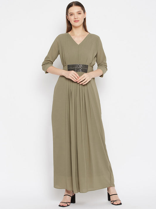Olive Green Coloured Solid V-neck three quater sleeves Women Party/Casual wear Western Georgette Maxi Dress!!