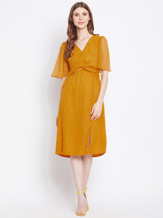 Mustard Yellow Coloured Solid V-neck short sleeves Women Party/Casual wear Western Dobby woven sheath Dress!!