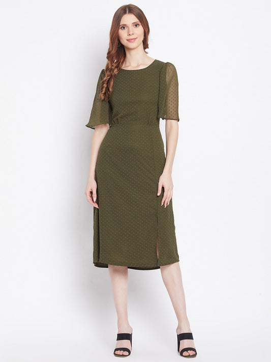 Olive Green Coloured Solid Round Neck short sleeves Women Party/Casual wear Western Dobby woven sheath Dress!!