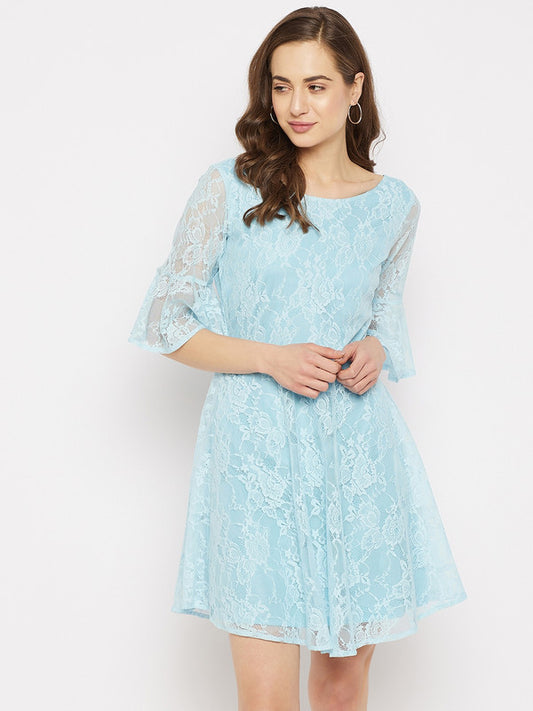 Turquoise Blue Coloured Solid Round Neck Three quarter Bell sleeves Women Party/Casual wear Western Fit Flared Dress!!