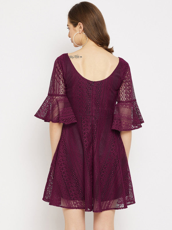 Burgundy Coloured Solid Round Neck Three quarter Bell sleeves Women Party/Casual wear Western Fit Flared Dress!!