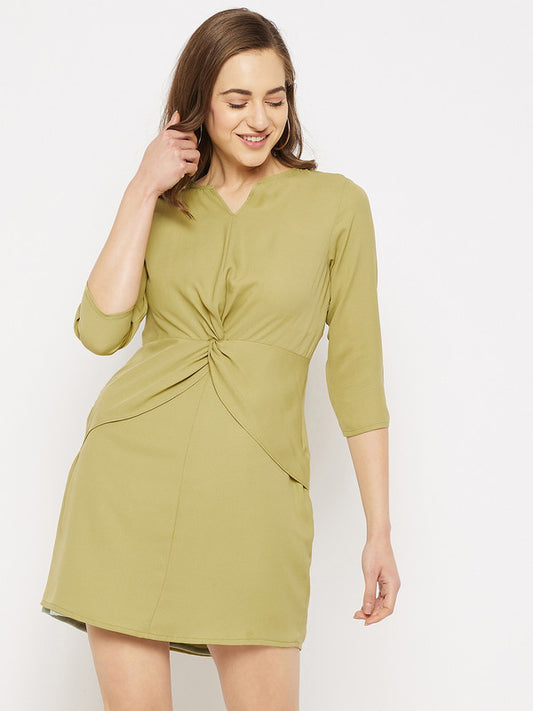 Olive Green Coloured Solid V-neck Three quarter sleeves Women Party/Casual wear Western Georgette Twisted A-Line Dress!!