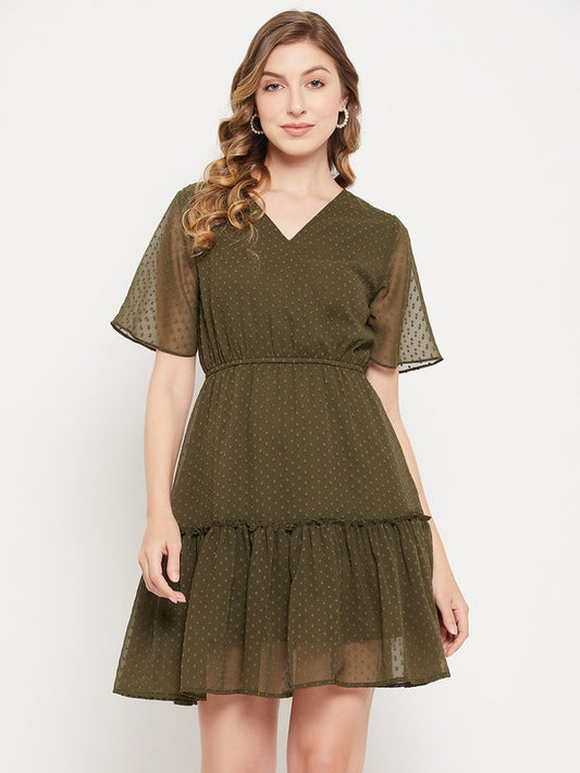 Olive Green Coloured Polka dot print V-neck short sleeves Women Party/Casual wear Western Georgette Fit and Flare Dress!!