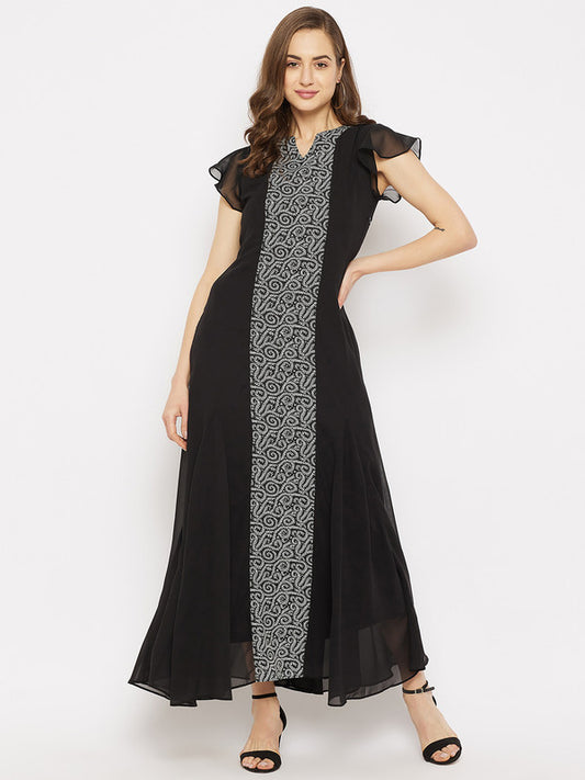 Black Coloured Solid woven V-neck short sleeves Women Party/Casual wear Western Georgette Fit and Flare Maxi Dress!!