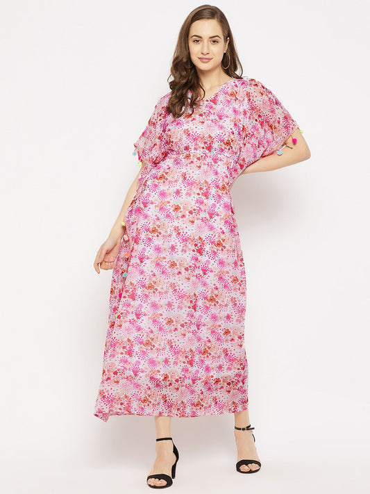 Pink & White Coloured Floral Printed V-neck short sleeves Women Party/Casual wear Western Georgette Maxi Kaftan Dress!!