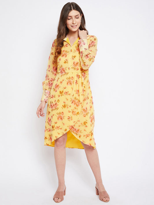 Yellow & Multi Coloured Floral Printed shirt collar three quarter sleeves Women Party/Casual wear Western Georgette Shirt Dress!!