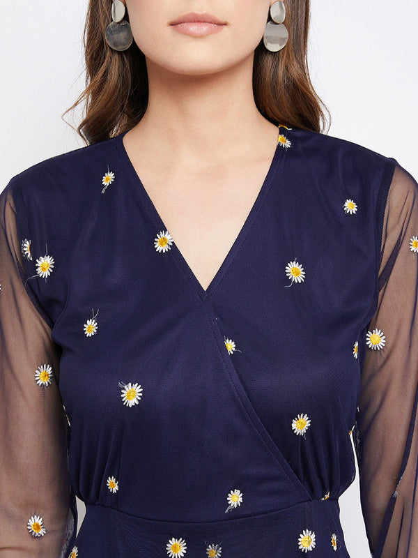 Navy Blue Coloured Floral Embroidered V-neck long sleeves Women Party/Casual wear Western Georgette High low Dress!!