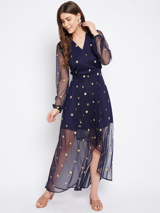 Navy Blue Coloured Floral Embroidered V-neck long sleeves Women Party/Casual wear Western Georgette High low Dress!!