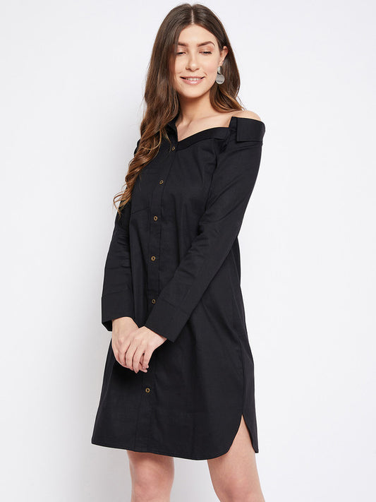 Black Coloured Shoulder Collared Neck long Cuffed Sleeves Women Party/Casual wear Western Cotton Shirt Dress!!
