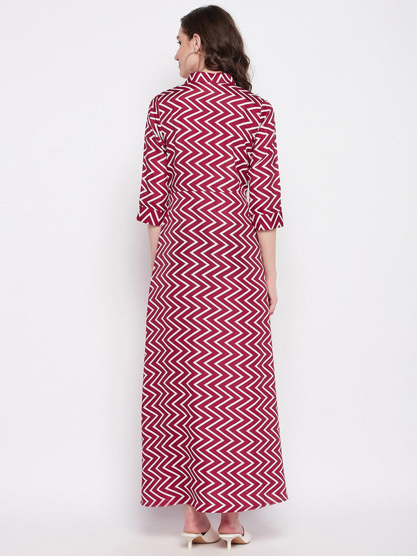 Maroon Coloured Chevron print Collared-neck three quarter sleeves Women Party/Casual wear Western Crepe Maxi Dress!!