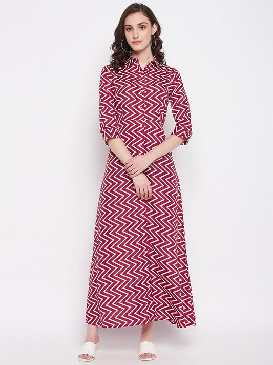 Maroon Coloured Chevron print Collared-neck three quarter sleeves Women Party/Casual wear Western Crepe Maxi Dress!!