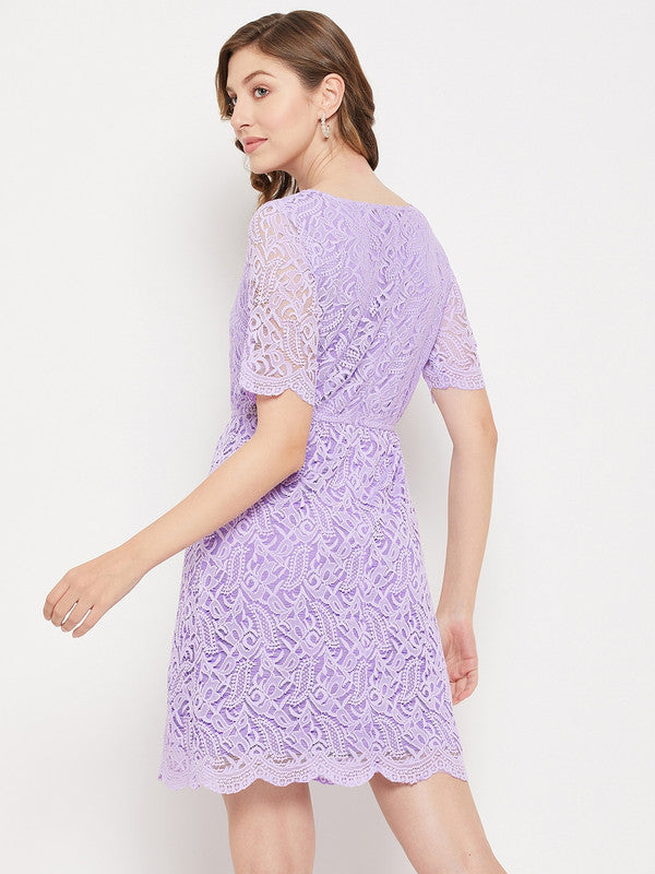 Lavender Coloured floral Round neck Short sleeves Women Party/Casual wear Western Self Design Lace A-line Dress!!