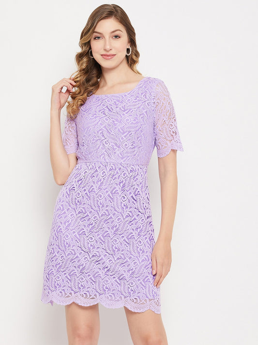 Lavender Coloured floral Round neck Short sleeves Women Party/Casual wear Western Self Design Lace A-line Dress!!
