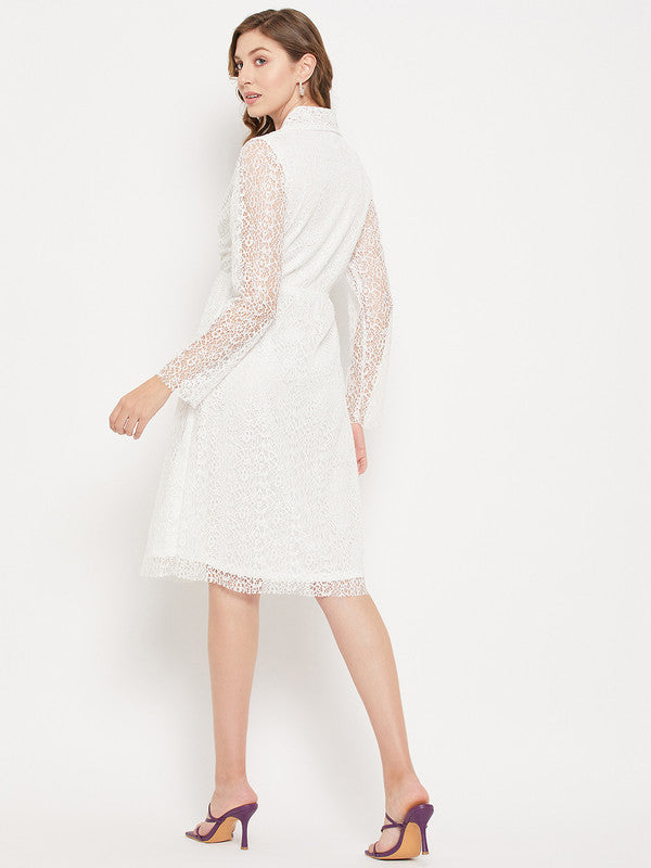 White Coloured Peter pan collar Long regular sleeves Women Party/Casual wear Western Lace Wrap A-line Dress!!