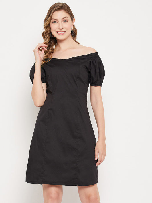 Black Coloured Solid Off-Shoulder Puff Sleeve Women Party/Casual wear Western Sheath Mini Dress!!