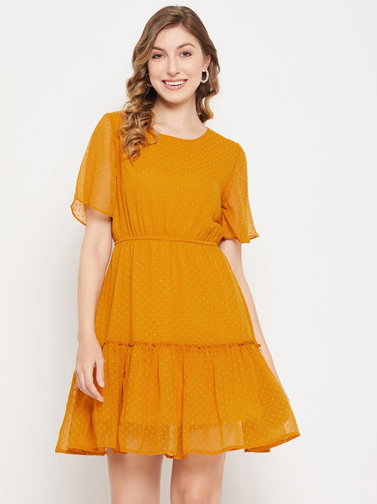 Mustard Yellow Coloured V-neck Short Sleeve Women Party/Casual wear Western Fit and Flare Dress!!