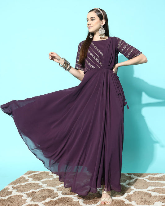 Purple Coloured Premium Georgette Sequence Zari Embroidery Work Women Designer Party wear A-Line Gown With Dupatta!!