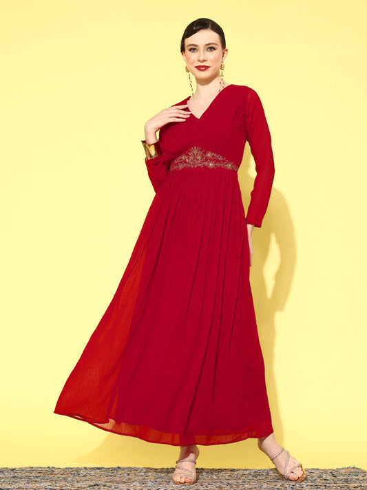 Red Coloured Premium Georgette Solid Zari Sequence Embroidered Women Designer Party wear A-Line Gown Kurta!!