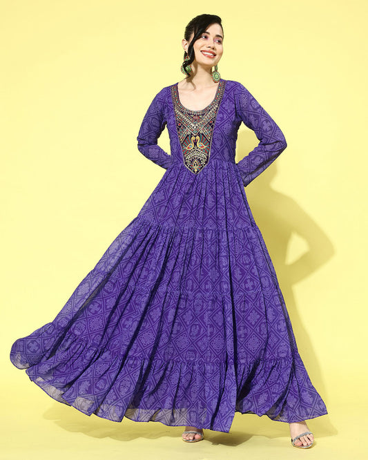 Purple Coloured Premium Georgette Bandhni Print with Zari Sequence Embroidered Women Designer Party wear Maxi Length Gown!!