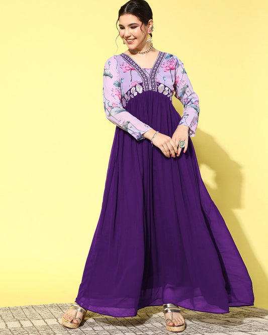 Purple Coloured Premium Georgette Zari Sequence Embroidered Women Designer Party wear Alia Cut A-Line Gown Kurta!!
