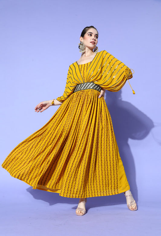 Mustard Yellow Coloured Premium Georgette sequence Embroidered Work Women Designer Party wear A-Line Gown Kurta!!