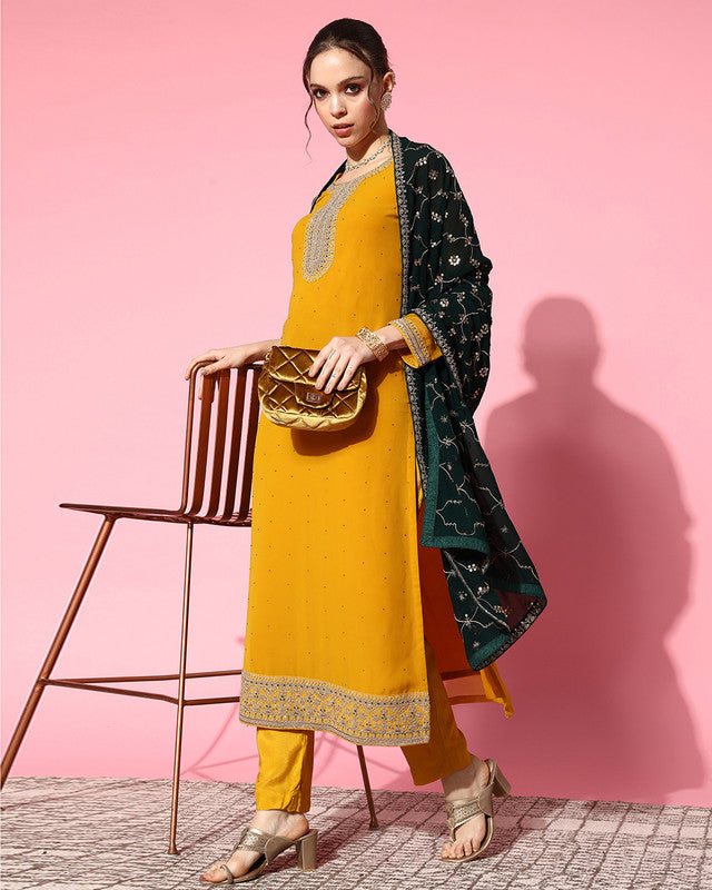 Mustard Yellow Coloured Premium Georgette Zari Sequence Embroidered Work Women Designer Party wear Kurta Pant with Dupatta!!