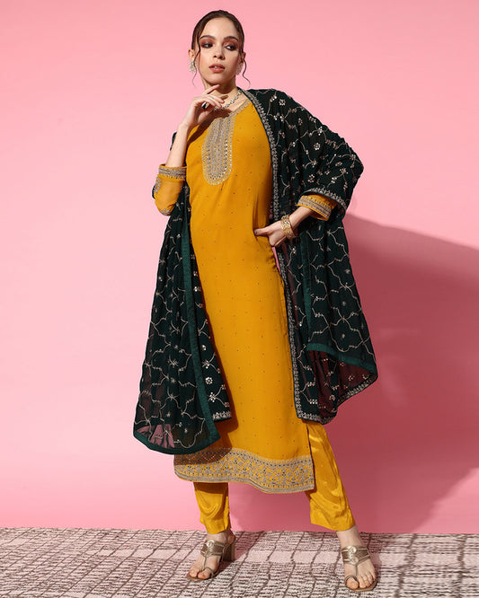 Mustard Yellow Coloured Premium Georgette Zari Sequence Embroidered Work Women Designer Party wear Kurta Pant with Dupatta!!