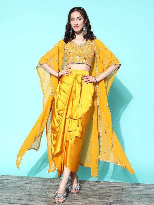 Mustard Yellow Coloured Premium Georgette Floral Embroidered Mirror Work Women Designer Party wear Drapped Skirt Set with Kaftan Shrug!!