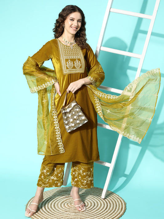 Yellow Coloured Premium Velvet Zari Sequence Embroidered Work Women Designer Party wear Straight Kurta Pant Set with Organza Dupatta!!