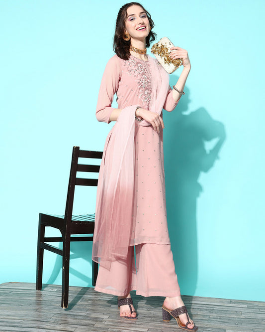 Light Pink Coloured Premium Georgette Sequence Embroidered Work Women Designer Party wear Straight Kurta Palazzo with Dupatta!!
