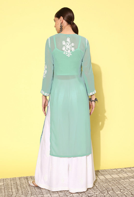 Light Teal Blue Coloured Premium Chikankari Work Women Designer Party wear Kurta with Flared Palazzo!!