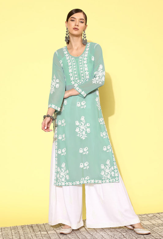 Light Teal Blue Coloured Premium Chikankari Work Women Designer Party wear Kurta with Flared Palazzo!!