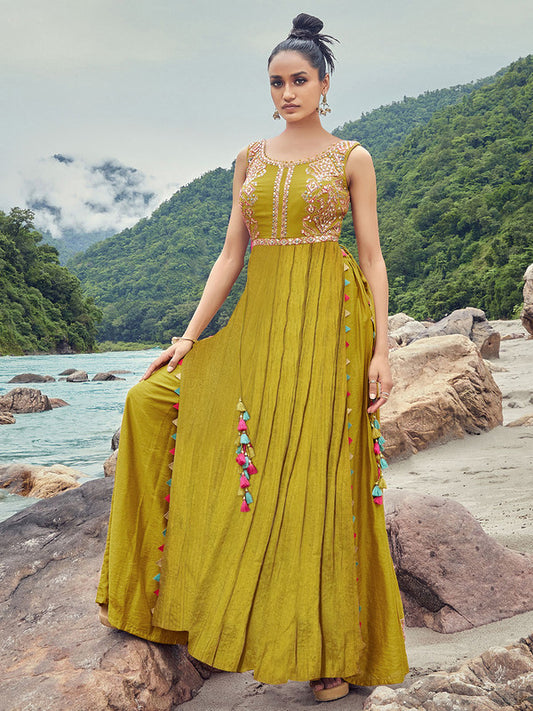 Mustard Yellow Coloured Premium Silk Blend Zari Sequence Embroidery Work Women Designer Party wear Top With Palazzo!!