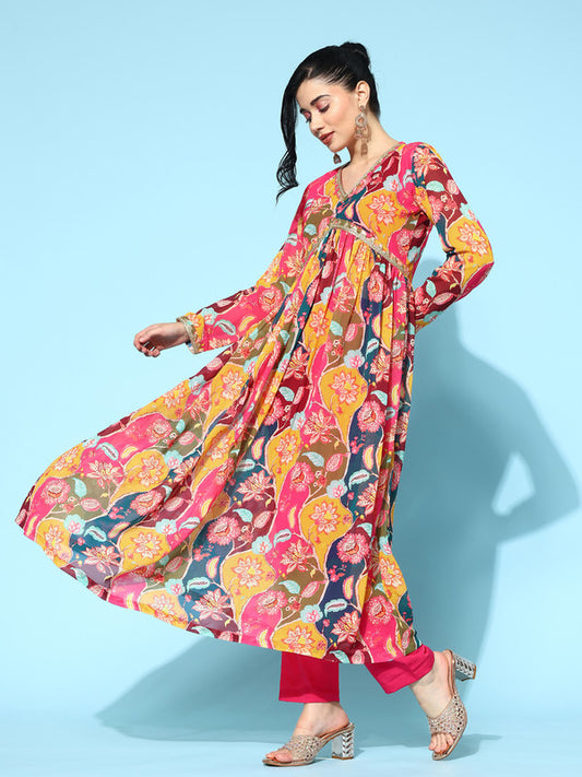 Multi Coloured Premium Georgette Zari Seqence Embroidery with Floral Print Women Designer Party wear Kurta with Pant!!