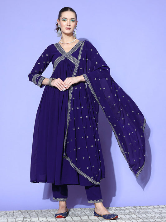 Blue Coloured Premium Georgette Zari sequence Embroidered Work Women Designer Party wear A-Line Kurta With Pant and Dupatta!!