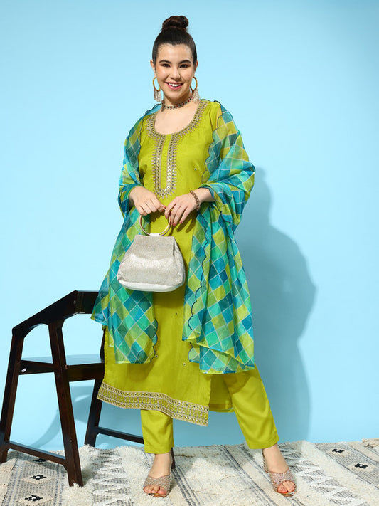 Lemon Green Coloured Organza Cording Embroidery Work Women Designer Party wear Kurta with Pant & Cutwork Dupatta!!