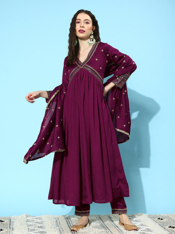 Wine Coloured Premium Silk Blend Zari Seqence Embroidered Women Designer Party wear Alia Cut Kurta with Pant & Dupatta!!