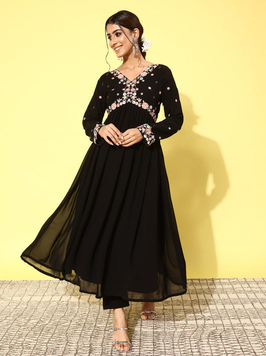Black Coloured Premium Georgette Zari Sequence Embroidered Work Women Designer Party wear Alia Cut Kurta Pant Set!!