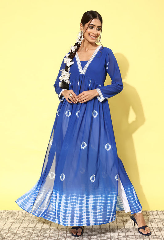 Blue Coloured Tie And Dye Printed with Schiffli Lace Work Women Designer Party wear Alia Cut Kurta with Pant!!
