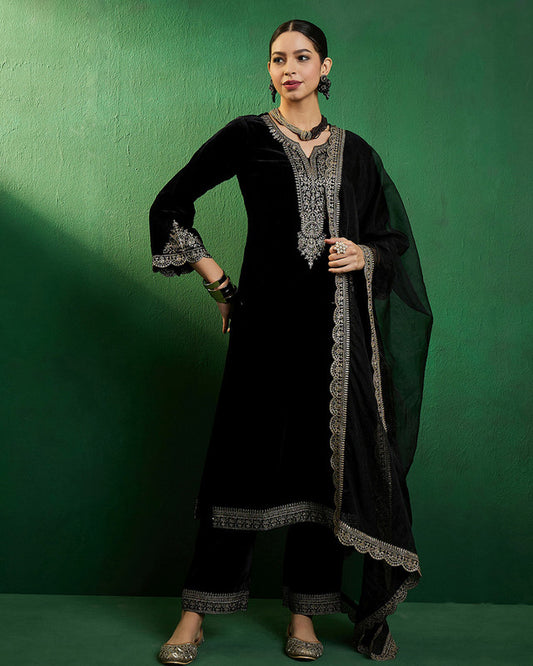 Black Coloured Premium Velvet Zari Sequence Embroidered Work Women Designer Party wear Kurta with Palazzo Style Pant and Dupatta!!