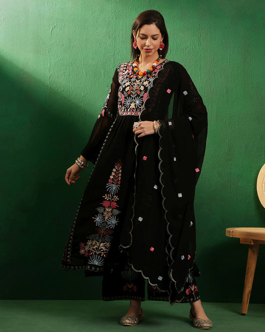 Black Coloured Premium Georgette Mirror & Embroidered Work Women Designer Party wear Kurta with Palazzo & Dupatta Set!!