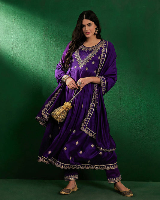 Purple Coloured Premium Vichitra Silk Zari Sequence Zardosi Hand Embroidered Work Women Designer Party wear Kurta with Pant & Dupatta!!