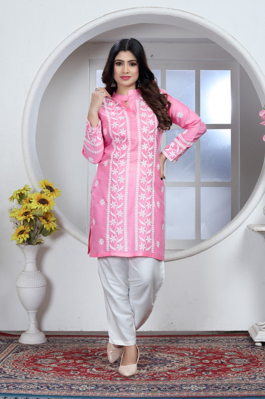 Pink Coloured Heavy Rayon with Chikankari Embroidery Work Collar Neck Full Sleeves Women Designer Party/Casual wear Short Top!!