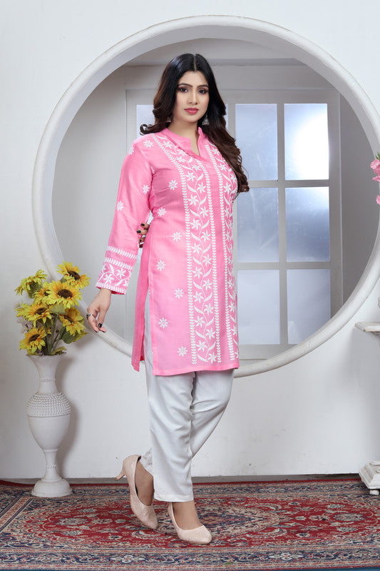 Pink Coloured Heavy Rayon with Chikankari Embroidery Work Collar Neck Full Sleeves Women Designer Party/Casual wear Short Top!!