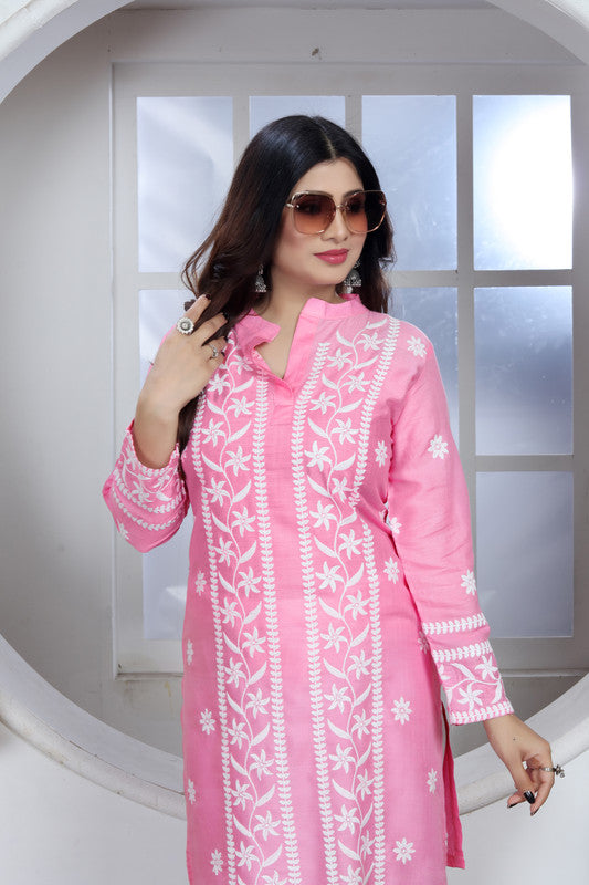 Pink Coloured Heavy Rayon with Chikankari Embroidery Work Collar Neck Full Sleeves Women Designer Party/Casual wear Short Top!!