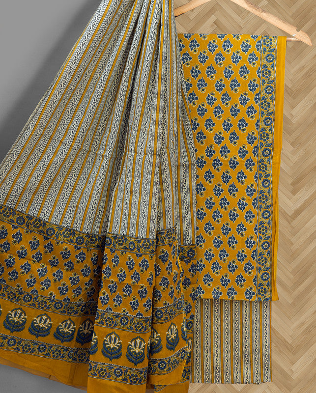 Mustard Yellow Coloured Pure Cotton with Hand Block Print Women Casual/Office wear Jaipuri Sanganeri Salwar Suit - Top with Bottom & Cotton Dupatta!!