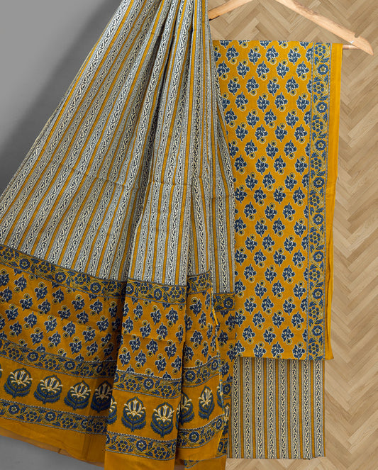 Mustard Yellow Coloured Pure Cotton with Hand Block Print Women Casual/Office wear Jaipuri Sanganeri Salwar Suit - Top with Bottom & Cotton Dupatta!!