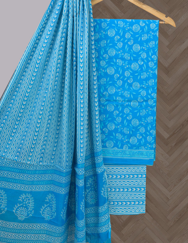 Sky Blue Coloured Pure Cotton with Hand Block Print Women Casual/Office wear Jaipuri Sanganeri Salwar Suit - Top with Bottom & Cotton Dupatta!!