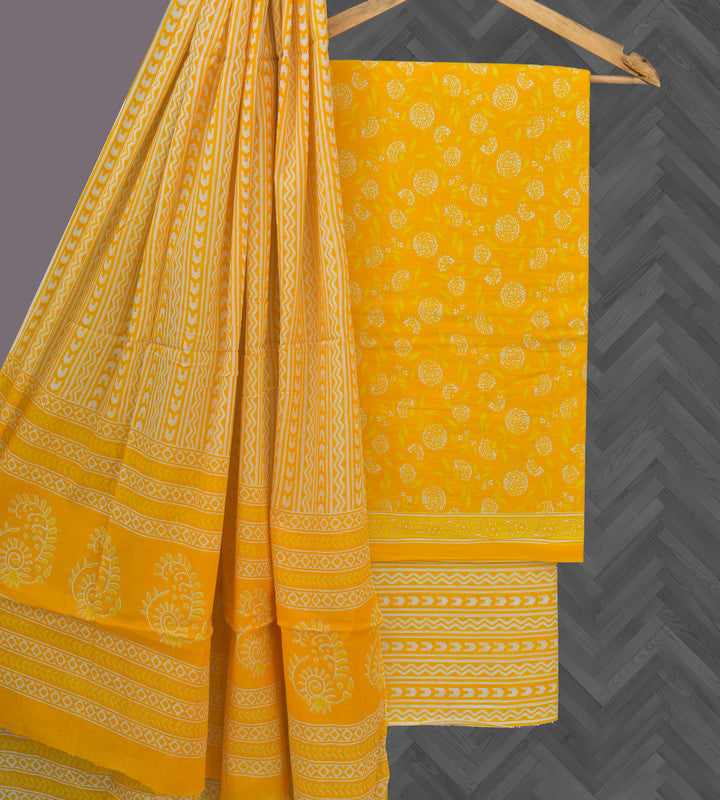 Yellow Coloured Pure Cotton with Hand Block Print Women Casual/Office wear Jaipuri Sanganeri Salwar Suit - Top with Bottom & Cotton Dupatta!!