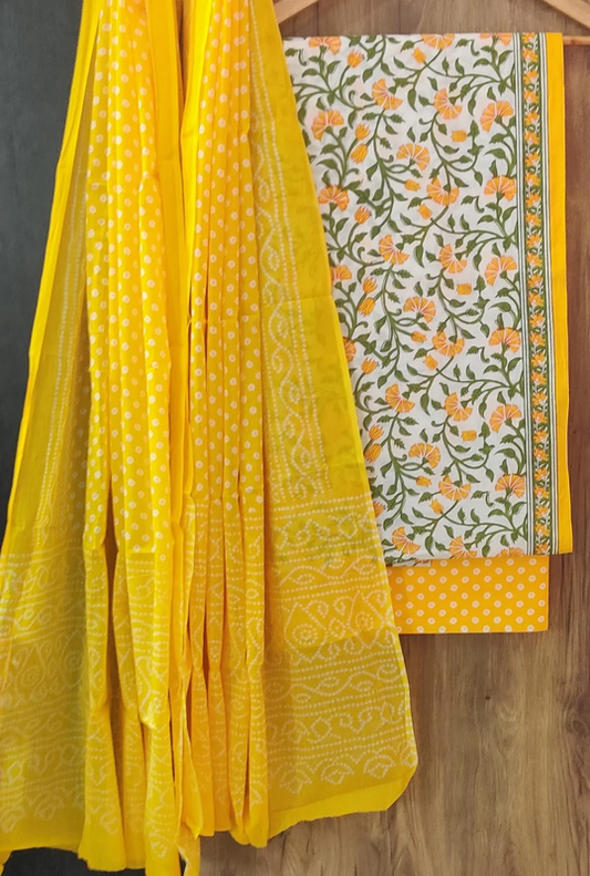 Yellow Coloured Pure Cotton with Hand Block Print Women Casual/Office wear Jaipuri Sanganeri Salwar Suit - Top with Bottom & Cotton Dupatta!!